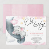 Invitation Oh petite fille éléphant rose jaune baby shower (Devant / Derrière)