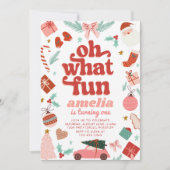 Invitation Oh Quel Amusant Noël Rouge Et Rose Premier Anniver (Devant)