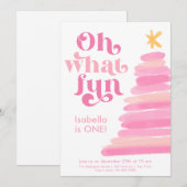 Invitation Oh Quelle Amusement Rétro Rose Aquarelle 1er Anniv (Devant / Derrière)