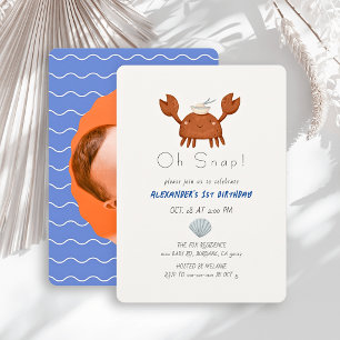 Invitation Oh Snap Crabe Vagues Bleues Photo Garçon 1er Anniv