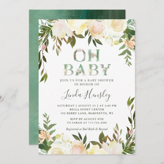 Invitation Oh Typographie Baby shower Flore Vert Blanc (Devant / Derrière)
