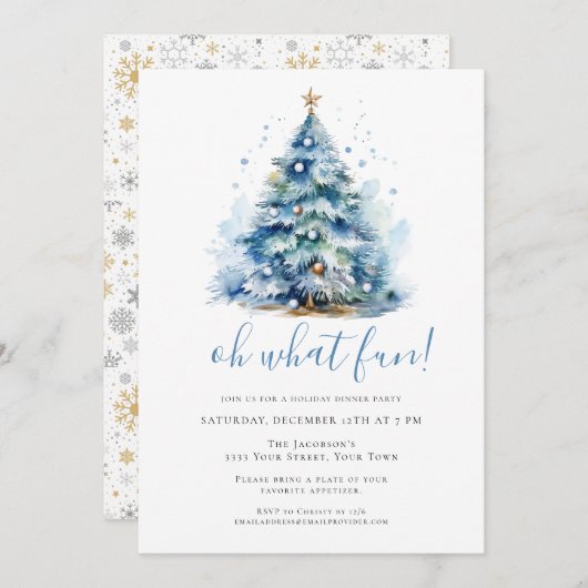 Invitation Oh What Fun Blue Festive Diner fêtes (Devant / Derrière)