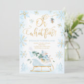 Invitation Oh What Fun Blue & Gold Winter Sleigh Anniversaire (Debout devant)