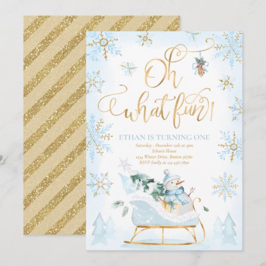 Invitation Oh What Fun Blue & Gold Winter Sleigh Anniversaire (Devant / Derrière)