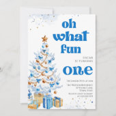 Invitation Oh what fun Blue tree christmas birthday (Devant)