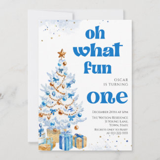Invitation Oh what fun Blue tree christmas birthday 