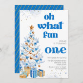 Invitation Oh what fun Blue tree christmas birthday  (Devant / Derrière)