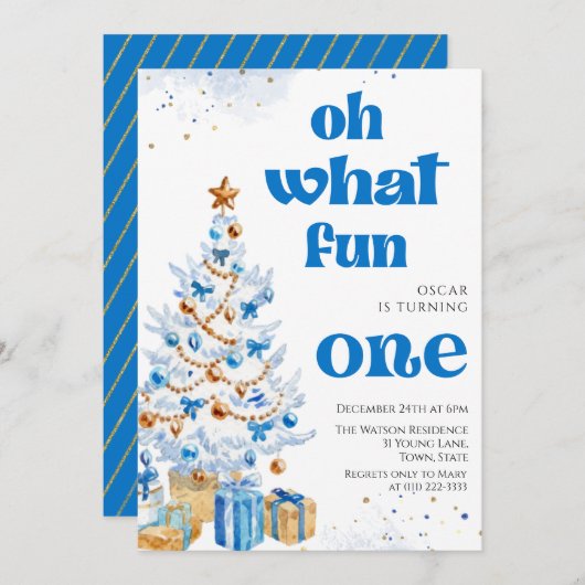 Invitation Oh what fun Blue tree christmas birthday (Devant / Derrière)