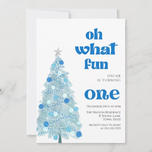 Invitation Oh what fun Blue tree christmas Boy birthday (Devant)