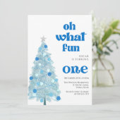 Invitation Oh what fun Blue tree christmas Boy birthday (Debout devant)