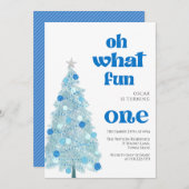 Invitation Oh what fun Blue tree christmas Boy birthday (Devant / Derrière)