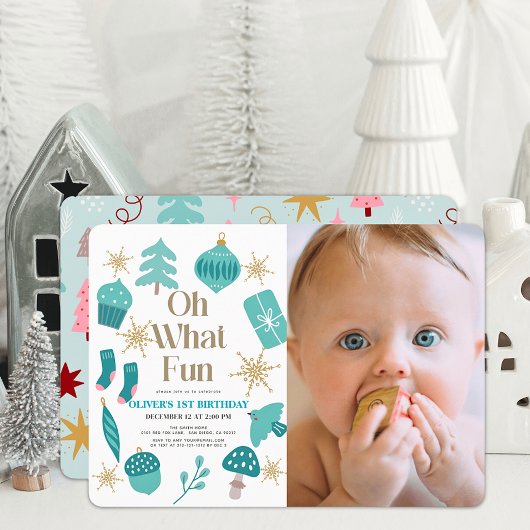 Invitation Oh What Fun Christmas Green 1er Anniversaire Photo