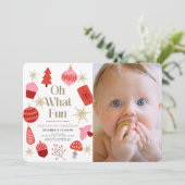 Invitation Oh What Fun Christmas Pink 1st Birday Photo (Debout devant)
