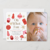 Invitation Oh What Fun Christmas Pink 1st Birday Photo (Devant)