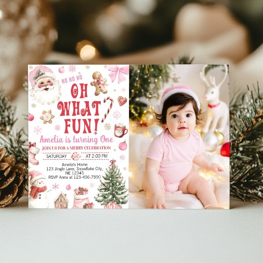 Invitation Oh What Fun Christmas Retro Santa Birthday Photo