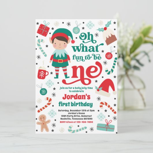 Invitation Oh What Fun Elf Noël 1er Anniversaire fête (Debout devant)