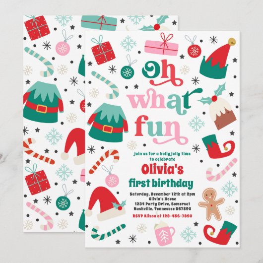 Invitation Oh What Fun Elf Noël fête d'anniversaire (Devant / Derrière)