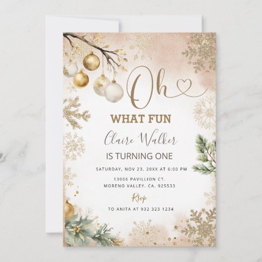 Invitation Oh What Fun Gold Snowflakes Noël 1er anniversaire (Devant)