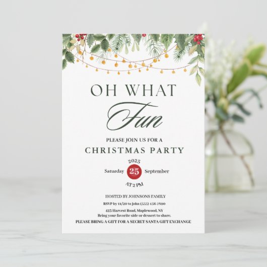 Invitation Oh What Fun Greenery String Light Christmas Party (Debout devant)