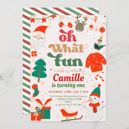 Invitation Oh What Fun Noël fête d'anniversaire (Devant / Derrière)