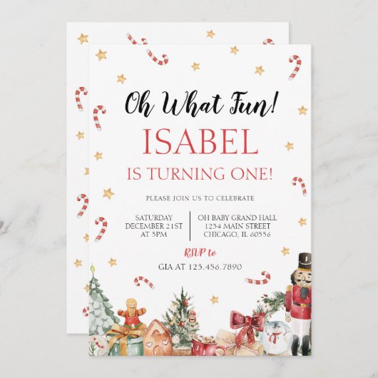 Invitation Oh What Fun Noël fête d'anniversaire (Devant / Derrière)