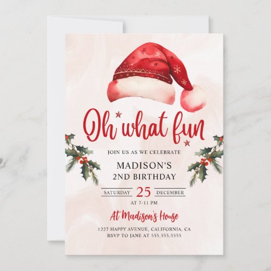Invitation Oh What Fun Noël Père Noël Chapeau fête d'annivers (Devant)