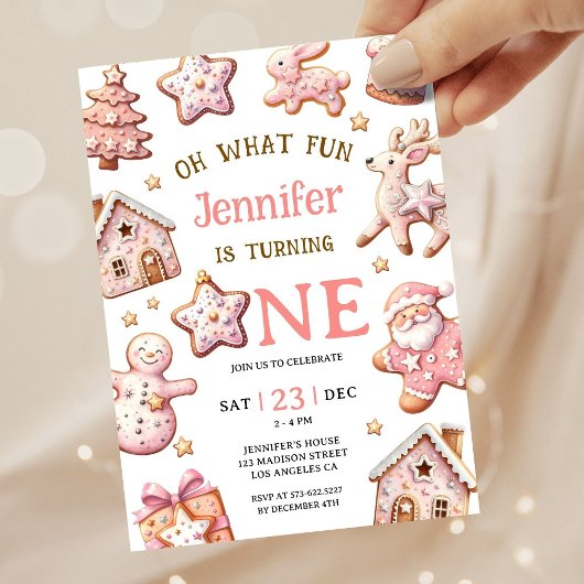 Invitation Oh What Fun Pink Cookies Christmas 1st Birthday