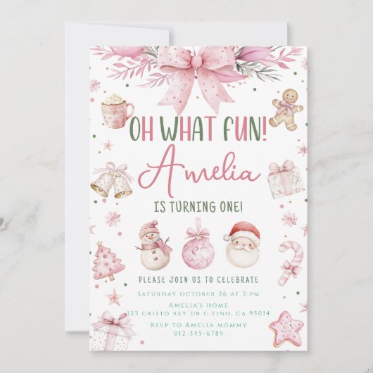 Invitation Oh What Fun Pink Noël hiver Premier anniversaire (Devant)