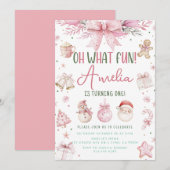 Invitation Oh What Fun Pink Noël hiver Premier anniversaire (Devant / Derrière)
