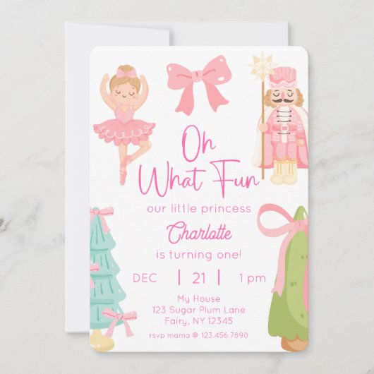 Invitation Oh What Fun Pink Nutcracker Birthday (Devant)