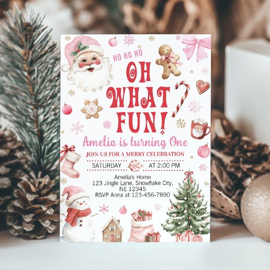 Invitation Oh What Fun Pink Santa Christmas 1st Birthday
