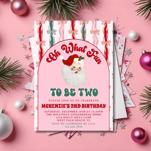 Invitation Oh What Fun Pink Santa Christmas 2nd Birthday