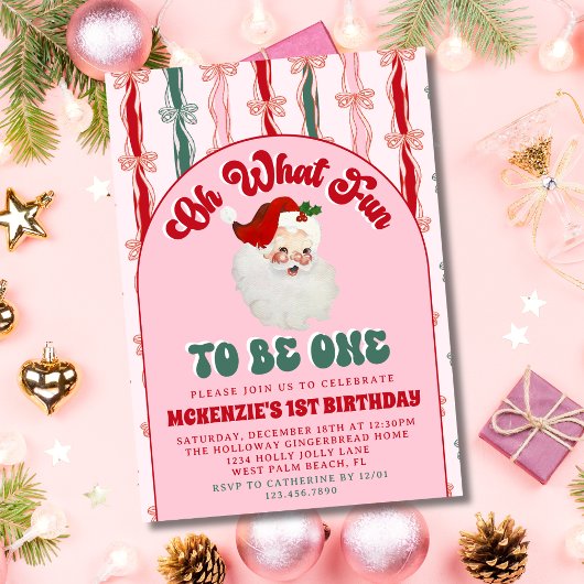 Invitation Oh What Fun Pink Santa Christmas First Birthday