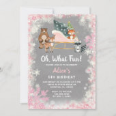 Invitation Oh What Fun Pink Sleigh boisé animal Anniversaire (Devant)