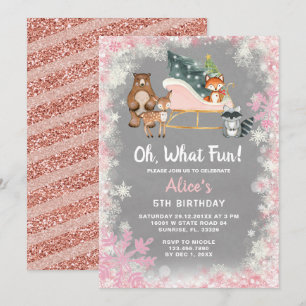 Invitation Oh What Fun Pink Sleigh boisé animal Anniversaire