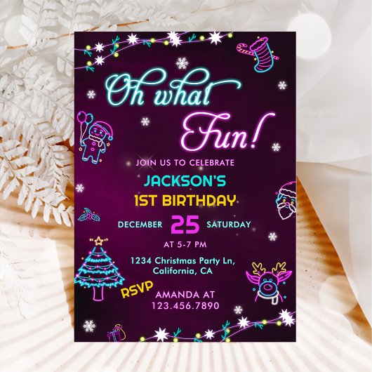 Invitation Oh What Fun Purple Neon moderne Noël Anniversaire