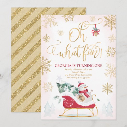 Invitation Oh What Fun Red & Gold Winter Sleigh Anniversaire (Devant / Derrière)
