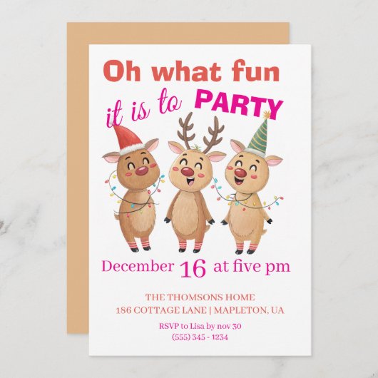 Invitation Oh what fun reindeers holidays party  (Devant / Derrière)