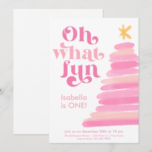 Invitation Oh What Fun Retro Rose Aquarelle 1er Anniversaire (Devant / Derrière)