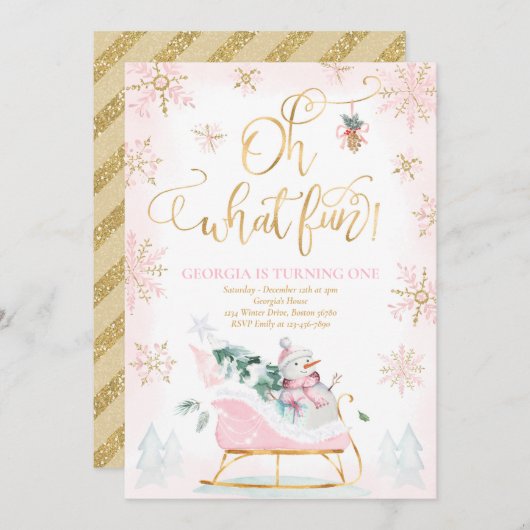 Invitation Oh What Fun Rose & Gold Winter Sleigh Anniversaire (Devant / Derrière)