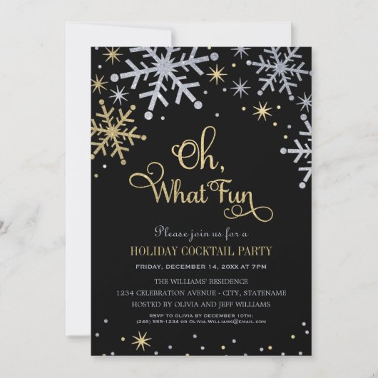 Invitation Oh What Fun Silver Gold Snowflakes (Devant)