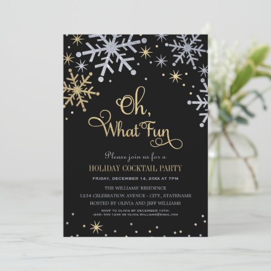 Invitation Oh What Fun Silver Gold Snowflakes (Debout devant)