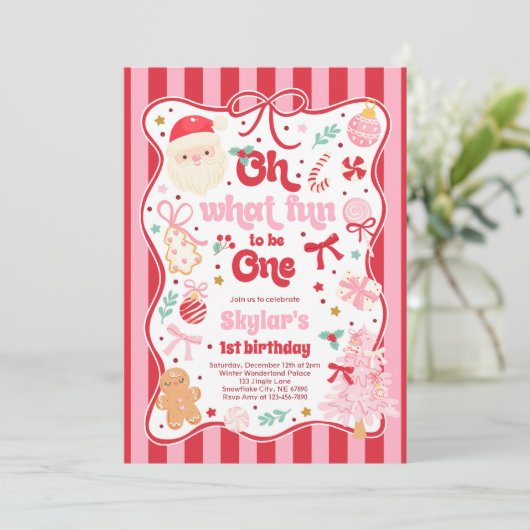 Invitation Oh What Fun To Be One Christmas Bow 1st Birthday (Debout devant)