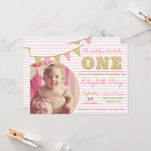 Invitation Oh What Fun to be ONE Pink & Gold First Birday (Devant/Arrière en situation)