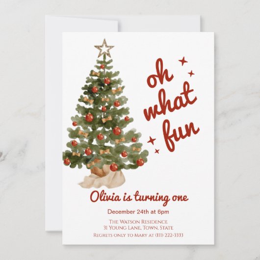 Invitation Oh what fun tree christmas birthday  (Devant)