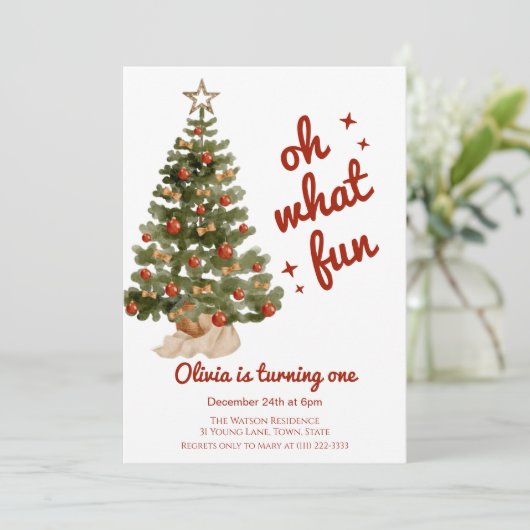 Invitation Oh what fun tree christmas birthday (Debout devant)