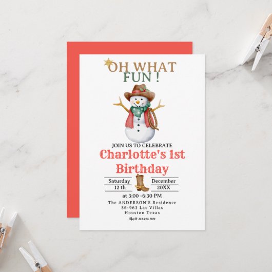 Invitation Oh What Fun Western Cowboy Noël 1er anniversaire (Devant/Arrière en situation)