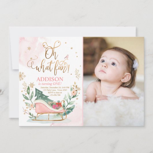 Invitation Oh What Fun Winter Onederland Sleigh 1er Anniversa (Devant)