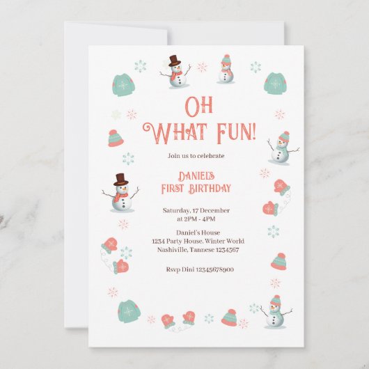 Invitation Oh What Fun Winter Snowman Anniversaire (Devant)