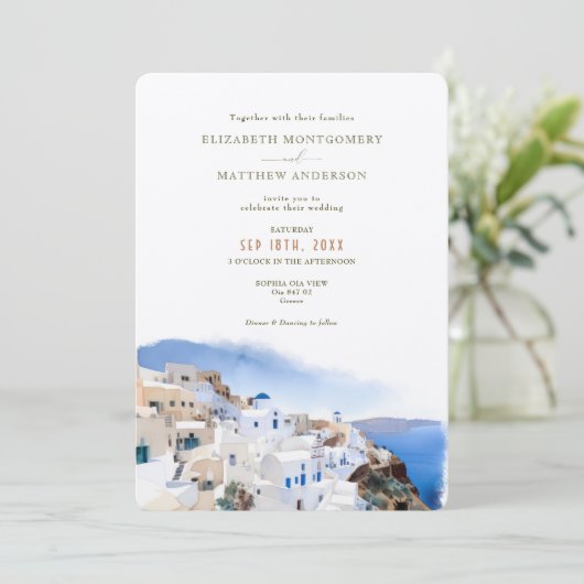 Invitation Oia Village Santorini Île Grèce Mariage Invita (Debout devant)